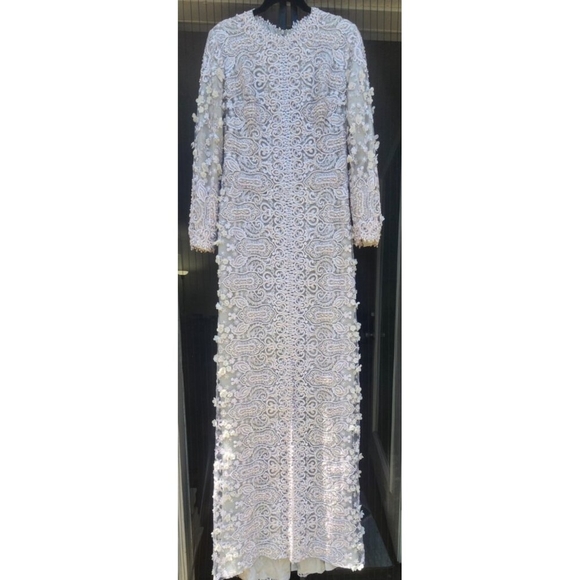 Gemy Maalouf Lace Evening Gown Light Grey Embroidered Long Sleeve Slit Front 12 - Picture 2 of 16